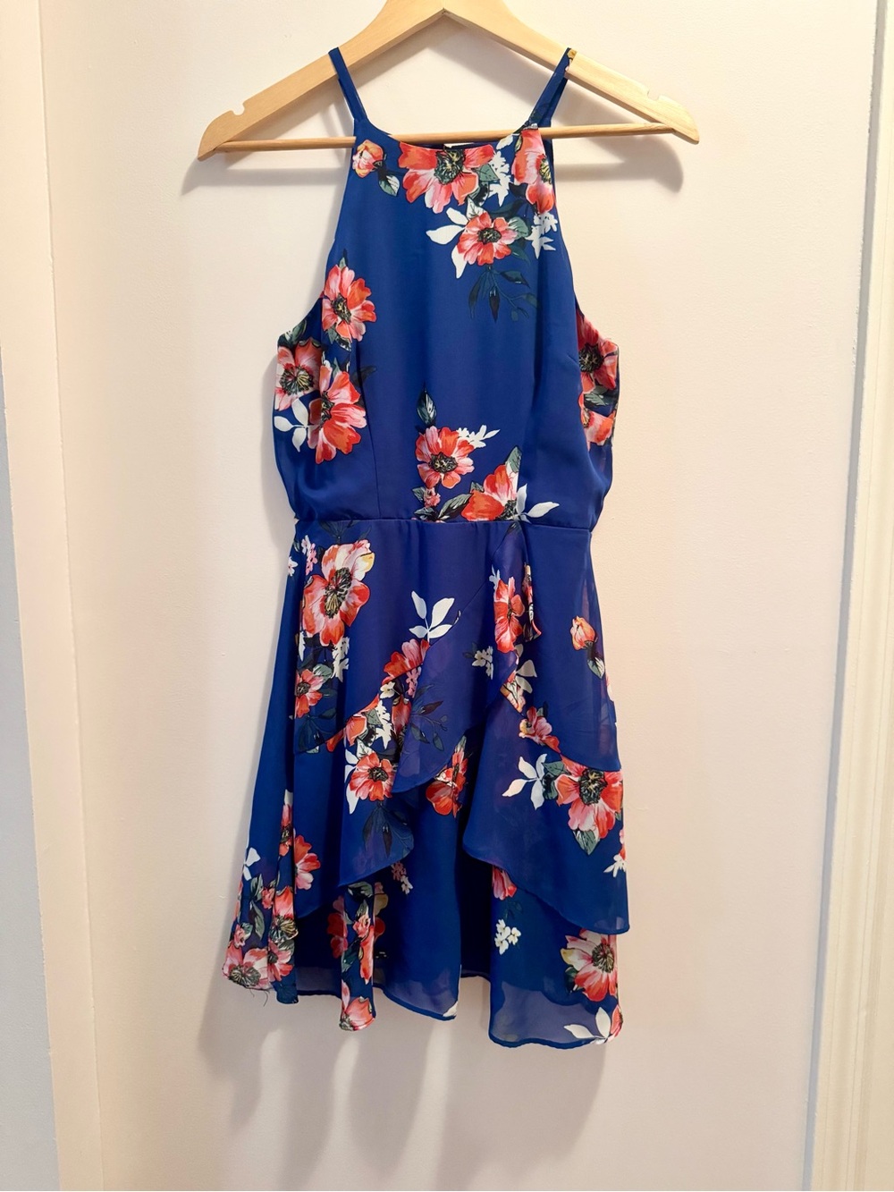 BCX Blue Floral High Low Halter Dress Tiered Ruffle Chiffon Size S Feminine